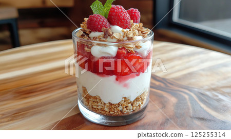 Layered yogurt parfait with granola, strawberries, and raspberries 125255314