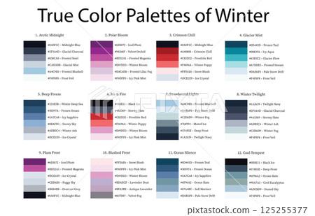 Colour Swatches Combinations 12x6 True Colors of Winter - 3d Light Soft, Muted, Pastel Tones - with HEX Codes and Names, Color Palette, Scheme, Chart Colour Swatches Combinations 12x6 True Colors of Winter - 3d Light Soft, Muted, Pastel Tones - with HEX Codes and Names, Color Palette, Scheme, Chart 125255377