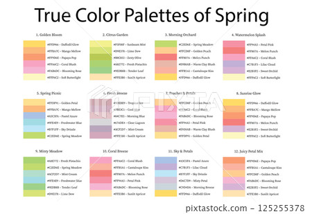 Colour Swatches Combinations 12x6 True Colors of Spring - 3d Light Soft, Muted, Pastel Tones - with HEX Codes and Names, Color Palette, Scheme, Chart Colour Swatches Combinations 12x6 True Colors of Spring - 3d Light Soft, Muted, Pastel Tones - with HEX Codes and Names, Color Palette, Scheme, Chart 125255378
