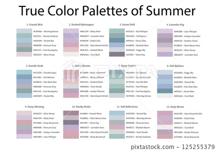 Colour Swatches Combinations 12x6 True Colors of Summer - 3d Light Soft, Muted, Pastel Tones - with HEX Codes and Names, Color Palette, Scheme, Chart 125255379