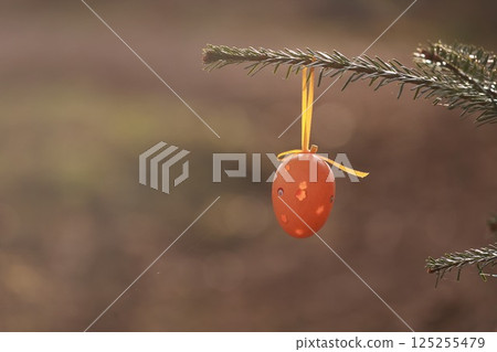 A small orange egg ornament hangs from a tree branch A small orange egg ornament hangs from a tree branch 125255479