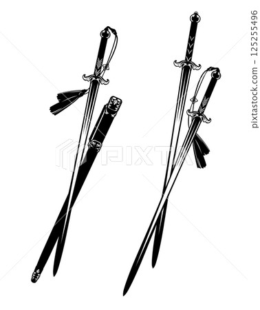 stylized traditional asian long swords with crossed blades  black and white vector design set 125255496