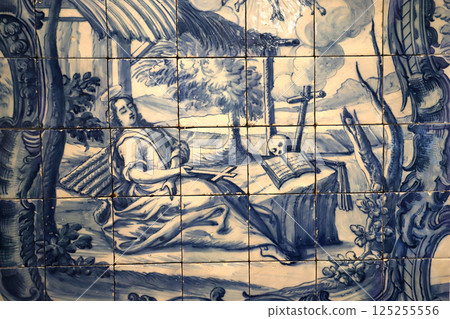 Ceramic azulejos on a wall in Lisbon, Portugal 125255556