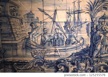 Ceramic azulejos on a wall in Lisbon, Portugal 125255576