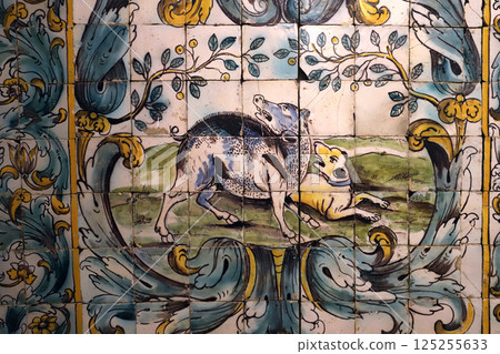 Ceramic azulejos on a wall in Lisbon, Portugal 125255633
