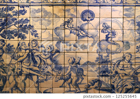 Ceramic azulejos on a wall in Lisbon, Portugal 125255645