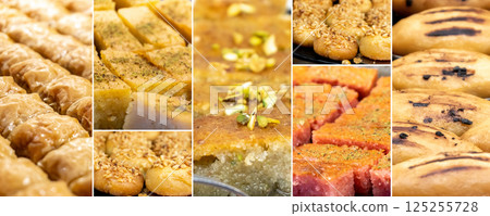 Food collage of Eastern sweets. Composite image. Food collage of Eastern sweets. Composite image. 125255728