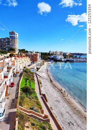 Aerial stunning coastal view of Dehesa de Campoamor on Costa Blanca 125255854