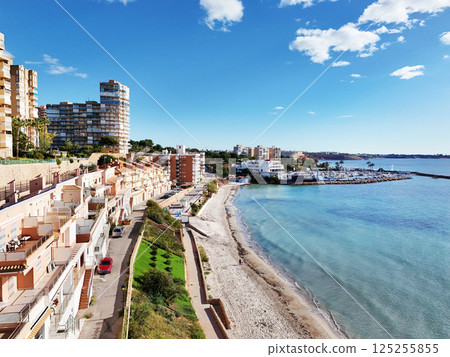 Aerial stunning coastal view of Dehesa de Campoamor on Costa Blanca 125255855