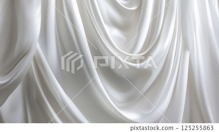 Elegant white silk curtain with smooth waves and soft gray shadows, matte textured backdrop for luxury interior design and minimal product presentation 125255863