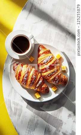 Close-up French breakfast scene with golden croissants and black coffee on a cafe table with linen in morning sunlight, macro food shot with cozy atmosphere 125255879