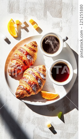 Close-up French breakfast scene with golden croissants and black coffee on a cafe table with linen in morning sunlight, macro food shot with cozy atmosphere 125255880