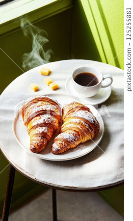 Close-up French breakfast scene with golden croissants and black coffee on a cafe table with linen in morning sunlight, macro food shot with cozy atmosphere 125255881