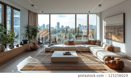 Beautiful, modern living room with a large window overlooking the city. 125256029