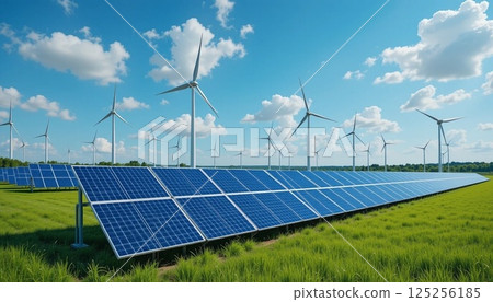 Solar Panels and Wind Turbines in Green Field Under Blue Sky | Clean Renewable Energy. 125256185