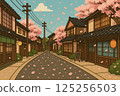 A Japanese-style streetscape with cherry blossoms falling 125256503