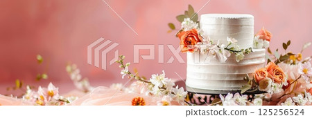 horizontal banner, white two-tiered wedding cake decorated with delicate white pink rose flowers, bright pink background, minimalism, copy space, free space for text 125256524