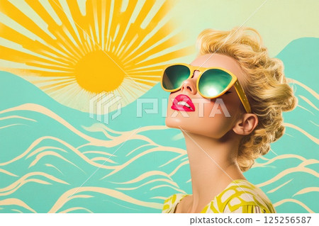 Glamorous blonde enjoying the summer sun in a retro collage setting with stylish sunglasses Glamorous blonde enjoying the summer sun in a retro collage setting with stylish sunglasses 125256587