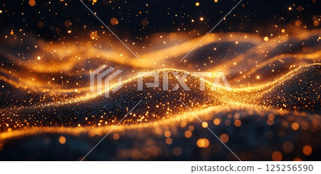 Elegant abstract background with golden dust particles and smooth lines on dark backdrop Elegant abstract background with golden dust particles and smooth lines on dark backdrop 125256590