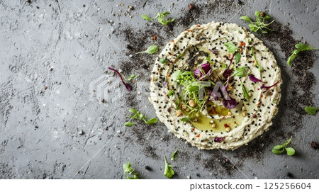 Delicious plant-based protein spread with hummus, falafel, and tahini on a rustic concrete slab 125256604