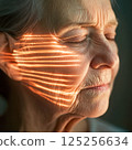 Elderly woman with glowing lines on face and reflective look, undergoing medical examination with laser, magnetic resonance therapy 125256634