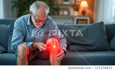 Elderly man using infrared device to relieve pain, inflammation on knee in cozy living room 125256635