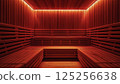 Cozy warm wooden sauna interior with infrared lamps, red healing lighting, light therapy 125256638