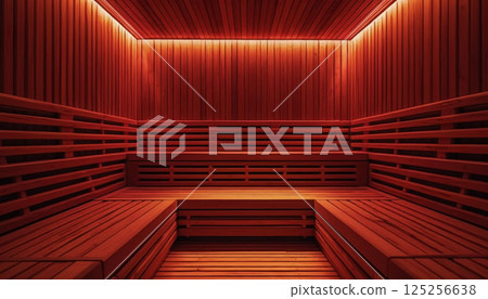 Cozy warm wooden sauna interior with infrared lamps, red healing lighting, light therapy 125256638