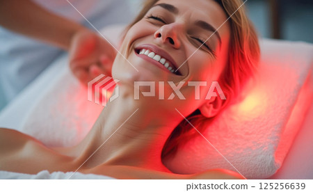 Female enjoying rejuvenating light therapy session with radiant smile 125256639