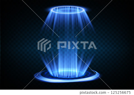 A vibrant and futuristic blue light beam featuring an innovative circular base design that captivates viewers 125256675