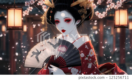 A captivating digital artistic portrait of a Japanese woman with striking traditional white makeup, red highlights, and an intricate hairstyle adorned with ornaments. 125256711
