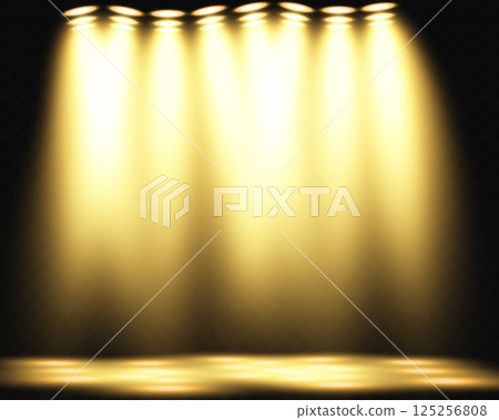 Brilliant Bright Stage Lights Shine on a Deep Dark Background, Creating a Dazzling Visual Experience Brilliant Bright Stage Lights Shine on a Deep Dark Background, Creating a Dazzling Visual Experience 125256808