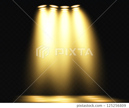 Three warm spotlights brilliantly illuminating a dark stage to create a captivating and dramatic atmosphere 125256809