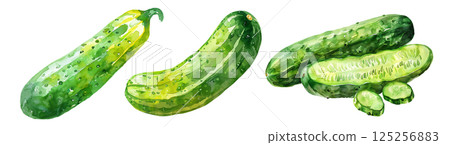 Set of fresh vegetable, green cucumber in watercolor style isolated on a transparent background. 125256883