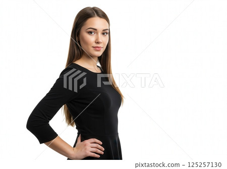 A young woman with long brown hair wearing a black dress poses elegantly with her hand on her hip 125257130