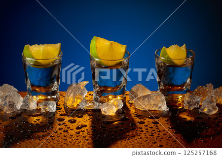 Tequila shots with lime slices on a wet black table. Tequila shots with lime slices on a wet black table. 125257168