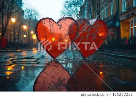 Shiny heart shapes are beautifully reflected on the wet street during a rainy atmosphere 125257232