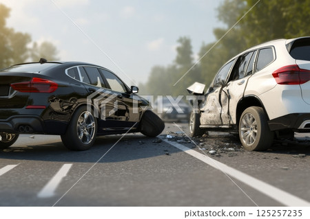 A realistic photo of a car accident showing two SUVs that have collided on an urban street, with visible front-end damage, shattered glass, and debris around the crash site. 125257235
