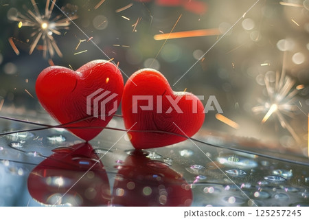 Romantic Red Hearts with Sparkles and Reflections create a stunning backdrop for love 125257245