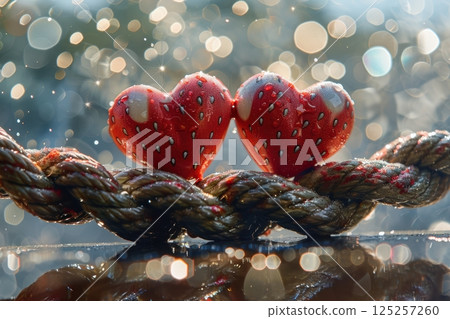 Romantic HeartShaped Strawberries beautifully arranged on a decorative rope for sharing Romantic HeartShaped Strawberries beautifully arranged on a decorative rope for sharing 125257260