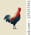 A digitally painted illustration of a rooster standing upright, featuring a striking blend of red and blue tones in a watercolor style on a plain light background. 125257263