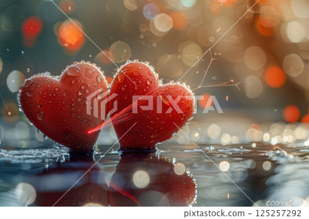 Romantic Hearts with Dewdrops Beautifully Illuminated Under Soft, Gentle Light Shimmering 125257292