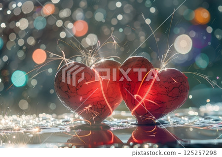 Romantic Hearts surrounded by Sparkles set against a Beautiful Bokeh Background 125257298