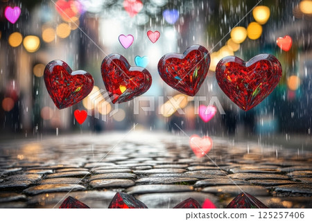 Romantic Hearts Cascading Down in the Gentle Rain on a Beautiful and Charming Cobblestone Street Romantic Hearts Cascading Down in the Gentle Rain on a Beautiful and Charming Cobblestone Street 125257406