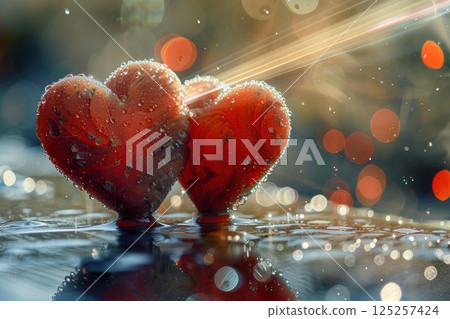 Romantic Hearts adorned with Dewdrops and illuminated Light Rays creating a beautiful scene 125257424
