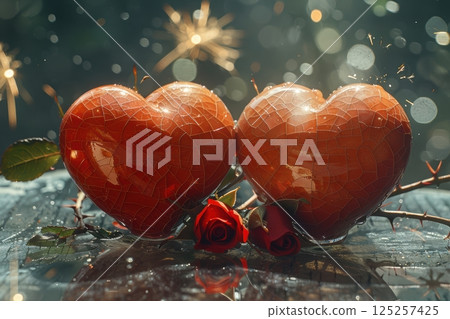 Romantic Hearts adorned with Beautiful Roses and Shimmering Sparkles for Love Themes 125257425
