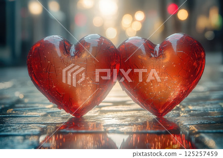 In an enchanting urban street scene, beautiful love hearts glimmer softly with gentle raindrops 125257459