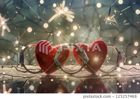 HeartShaped Handcuffs symbolize Love and Connection, enhanced by a sparkling background 125257468