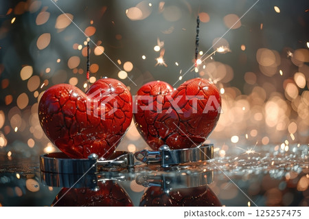 Hearts in handcuffs with sparkles symbolize deep connections, love, passion, and intimacy 125257475
