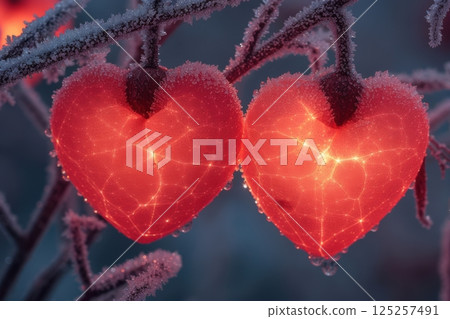 Glistening Glowing Hearts Set Within Natures Frosty and Majestic Embrace in Winter 125257491
